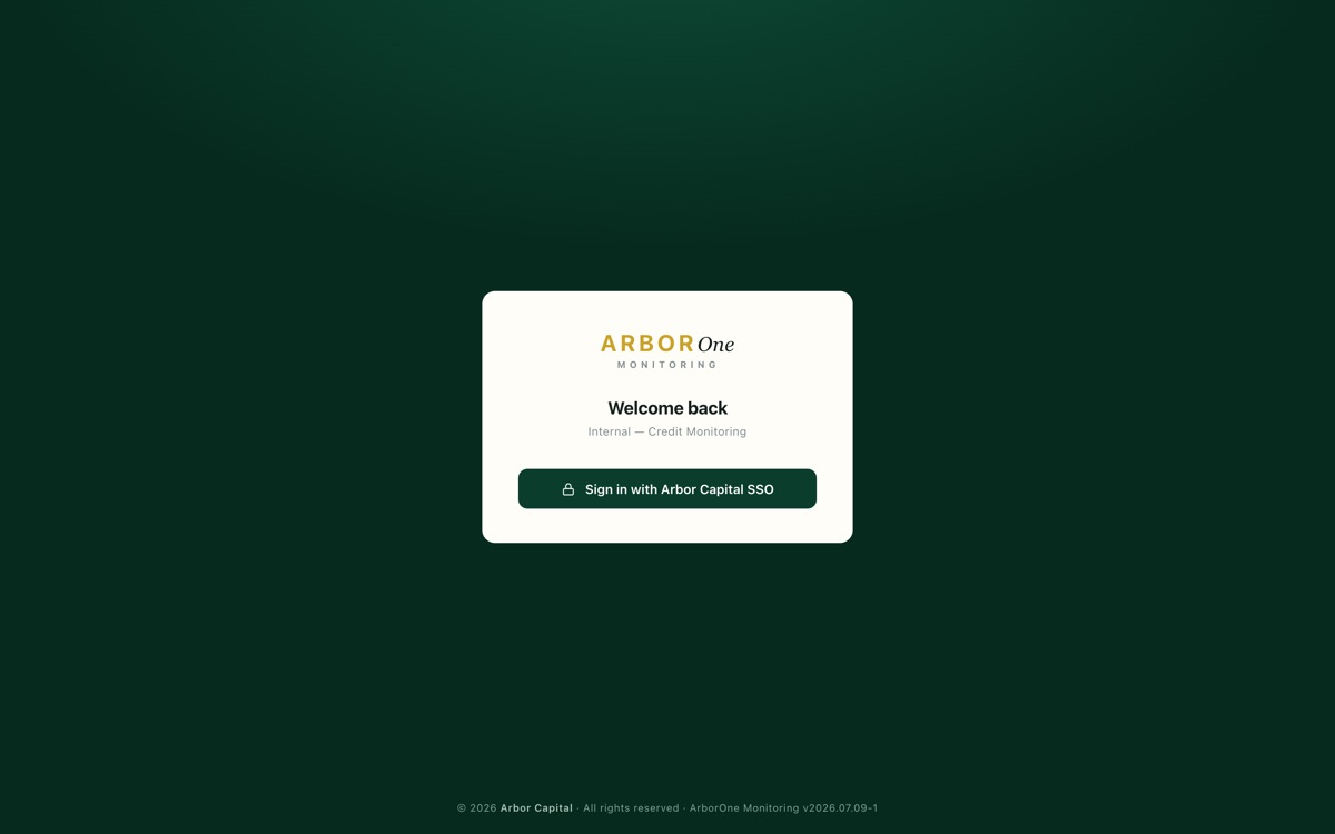 Arbor One sign-in screen: centred cream card on a deep green backdrop with the ARBOR One Monitoring wordmark