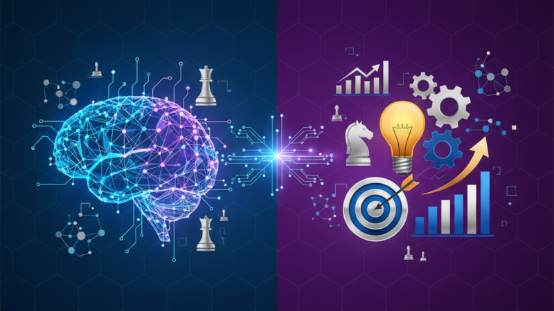 Professional illustration showing AI neural network connected to business problem-solving icons representing strategic product development for enterprise leaders