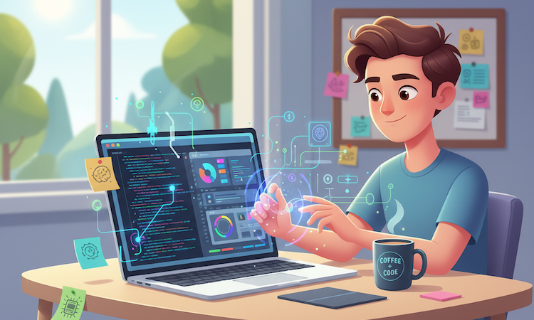 Product leader at home desk, reflecting on code and UI while reviving a legacy SaaS app using AI and modern tools.