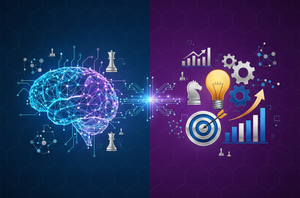 Professional illustration showing AI neural network connected to business problem-solving icons representing strategic product development for enterprise leaders