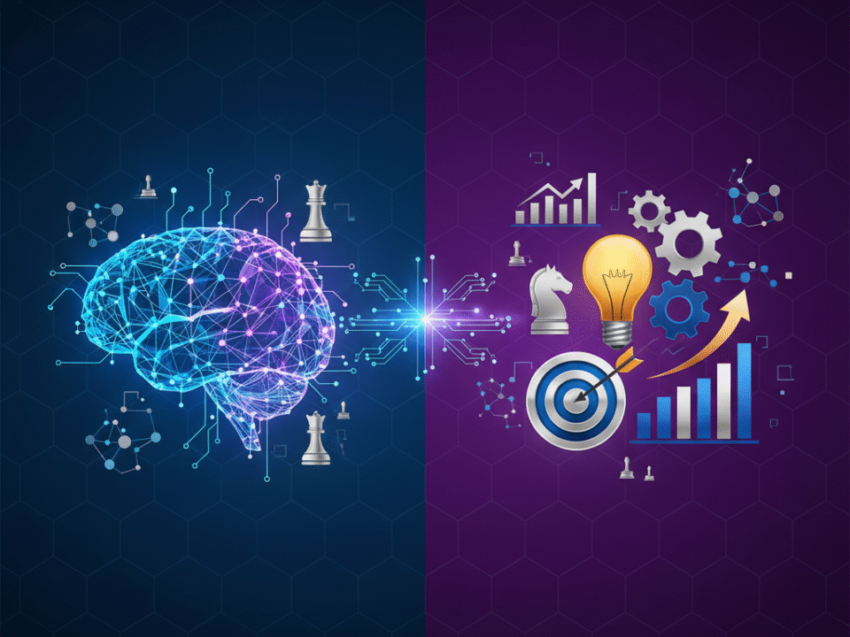 Professional illustration showing AI neural network connected to business problem-solving icons representing strategic product development for enterprise leaders