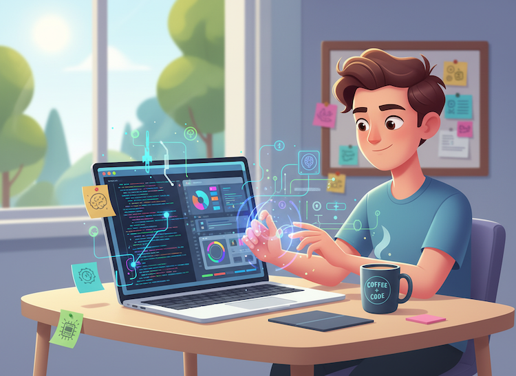 Product leader at home desk, reflecting on code and UI while reviving a legacy SaaS app using AI and modern tools.